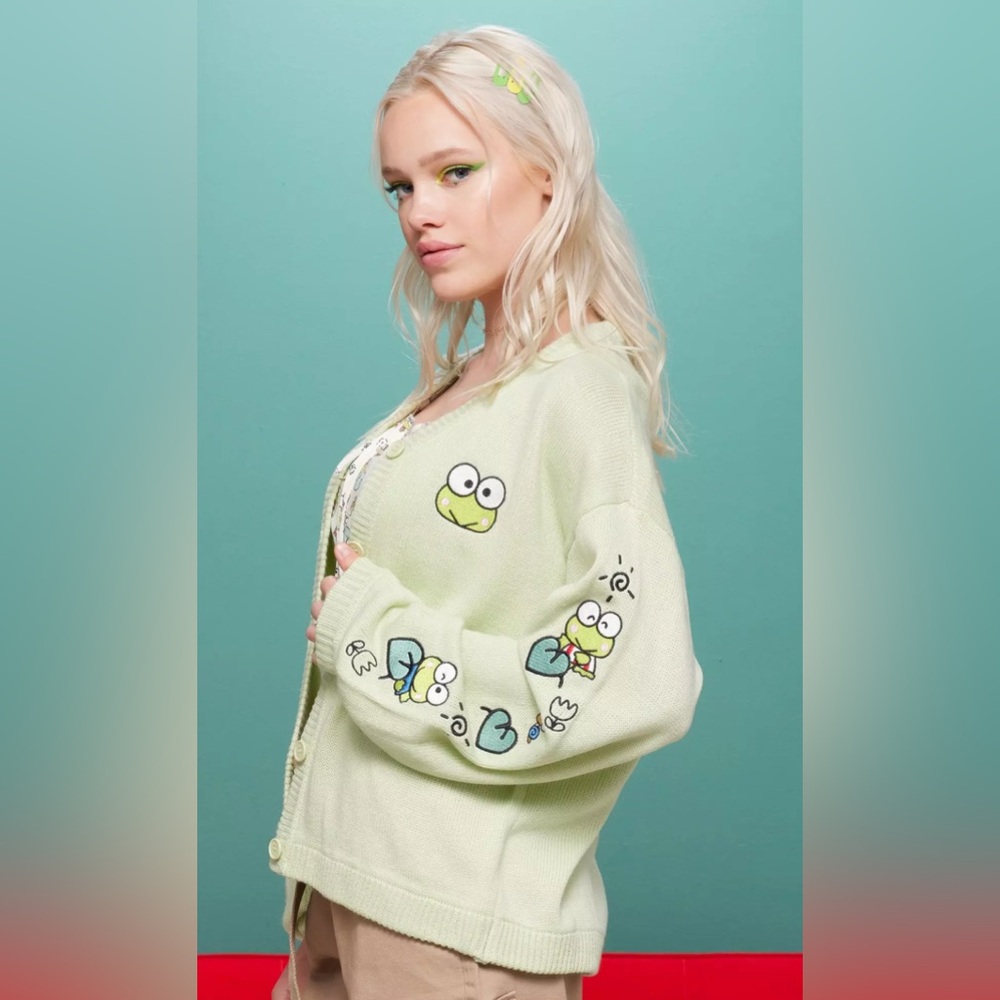 Sanrio Keroppi Light Green Embroidered Skimmer Cardigan Sweater - Picture 10 of 10